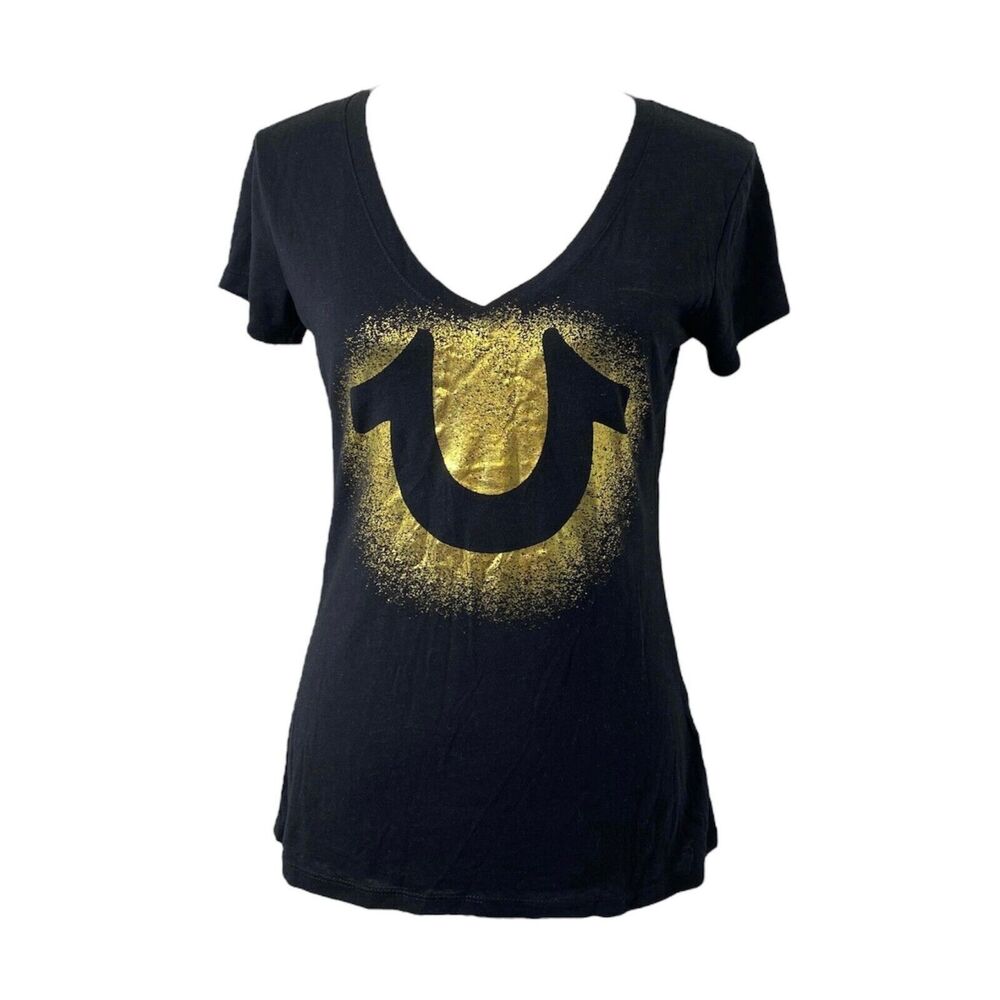 True Religion Women's Shirt Black and Gold Logo Print Short Sleeve Size Small